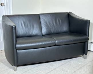 CONTEMPORARY BLACK LEATHER LOVESEAT | Two-seat sofa with machined metal legs
Dimensions: h. 29 x w. 54 x d. 28 in