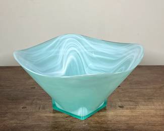 SLAG GLASS BOWL | Slag glass light blue bowl.
Dimensions: h. 6 x dia. 12 in