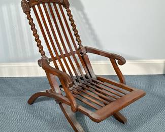 Antique Carved Wood Deck Chair | Antique carved wood folding deck chair with twisting spindle carved sides - h. 41 x w. 24 x d. 38 in