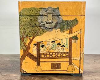PAINTED ASIAN BOX | Wood carved box with painted figures scenes on all sides - h. 17 x w. 14.75 x d. 11 in