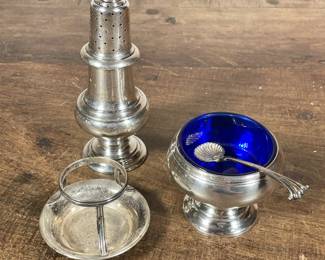 (4pc) STERLING SILVER ITEMS | Including: incense holder marked on bottom “Sterling”, candleholder marked on bottom “Danish Metalcraft / Sterling” and sugar bowl with blue glass and teaspoon both marked “Sterling” - h. 5 x dia. 2 in (incense holder)