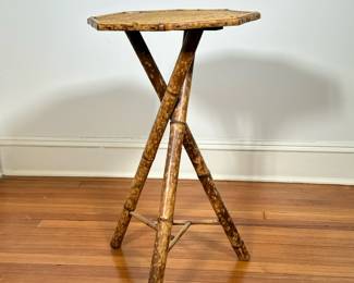 VICTORIAN BAMBOO SIDE TABLE | Bamboo tripod side table with woven octagonal table top.
Dimensions: h. 28 x w. 16 x d. 16 in.