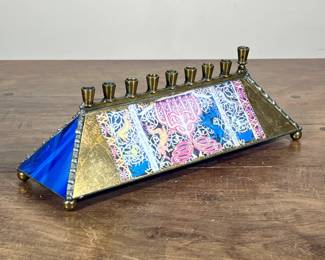 BRASS & ART GLASS MENORAH & CANDLES | Including: art glass and brass menorah with Hanukkah candles - h. 4.5 x w. 3.5 x l. 11.5 in