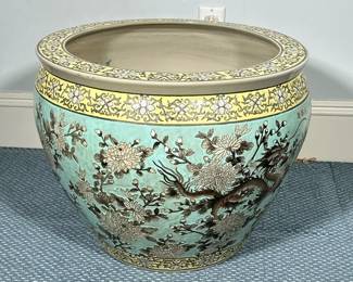 MONUMENTAL FISHBOWL JARDINIERE PLANTER | Glazed ceramic fishbowl jardiniere with dragon decoration - h. 16 x dia. 21 in