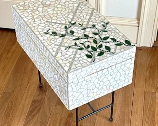 MOSAIC SIDE TABLE | Mosaic decorated side table.
Dimensions: h. 20 x w. 12.25 x l. 20.75 in.