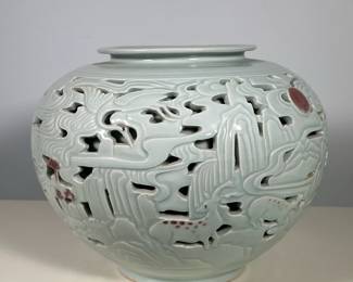KOREAN DOUBLE-WALLED VASE | Blue glaze Korean vase with double walls & cut outer layer.
Dimensions: h. 10 x dia. 12 in