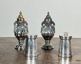 (4pc) SALT & PEPPER SHAKERS | Including: pair of stainless steel minimalist salt & pepper shakers marked “Made in Italy” and silver plate salt & pepper shakers - h. 5 x dia. 2 in