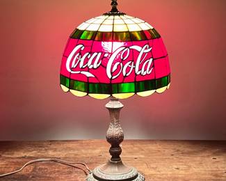 COCA-COLA SLAG GLASS LAMP | Coca-Cola slag glass lampshade on bronzed lamp - h. 20 x dia. 12 in