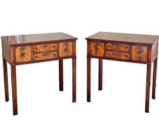 PAIR MASTER CRAFTSMAN FIGURED WOOD NIGHTSTANDS | Pair of carved wood bedside tables with brass pulls. - h. 27.5 x w. 26.5 x d. 16 in