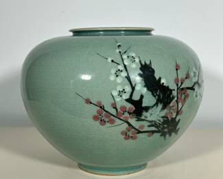 KOREAN CRACKLE GLAZED VASE | Decorated with cherry blossoms - h. 8 x dia. 10 in