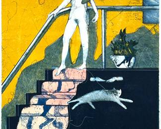 JAMES DAVIS LITHOGRAPH | Staircase Color lithograph 40 x 28 in sight. Dimensions: h. 48 x w. 36 in (frame)