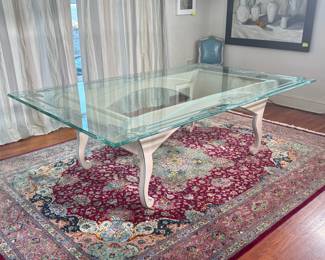BESPOKE ETCHED GLASS DINING TABLE | Glass top with etched scroll pattern raised on a blue & white painted base. scroll legs - h. 30 x w. 59.5 x l. 95 in