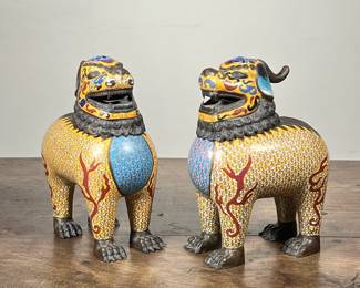 (2pc) CLOISONNE ENAMELED FOO DOG LIDDED VESSELS | Cloisonné enamel pieces. Metal head tops are removable lids - h. 11 x d. 8 in