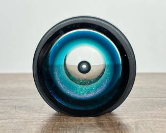 CORREIA ART GLASS PAPERWEIGHT, 1985 | Correia black/blue hand blown glass numbered ed. 103 / 200, with original receipt - w. 1.5 x dia. 3 in