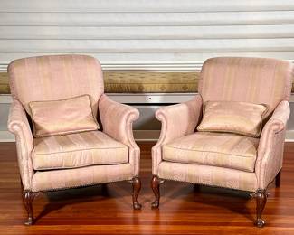 (2pc) Upholstered Chairs | Pink matching chairs. Pillows included. Damask material with brass tacks. Zippered cushion. Queen Anne-style legs. - h. 34 x w. 28 x d. 42 in