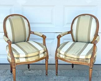 (2pc) PAIR LOUIS XVI ARMCHAIRS | Pair of Louis XVI carved wood & painted round back armchairs with fluted spindle carved legs - h. 34 x w. 22 x d. 19 in