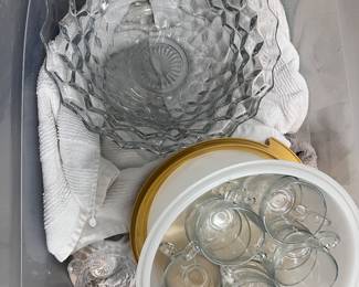 Fostoria punch bowl and 2 sets of mugs - asking $200