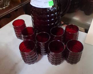 Anchor Hocking Ruby Red Bubble Glass Pitcher & Glasses - circa 1940s - 1970s