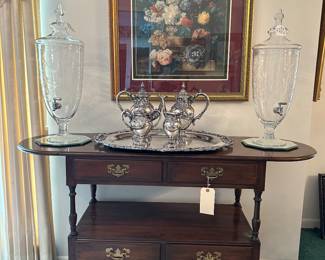 Pennsylvania House maple server with drop-leaf sides, 5 drawers, and open storage. The top two drawers are lined with anti tarnish silver cloth.
