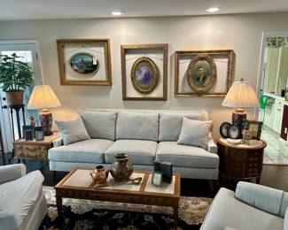 LIKE NEW Ethan Allen Sofa and 2 Swivel gliders. Coffee table and end table are MCM pieces with marble tops from the Castaneta Collection by Stickley.
