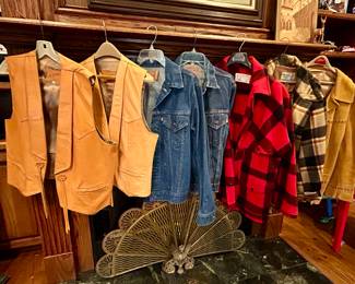 Gorgeous vintage buttery soft leather vests, vintage Levi Straus denim jackets, and other vintage men's jackets.