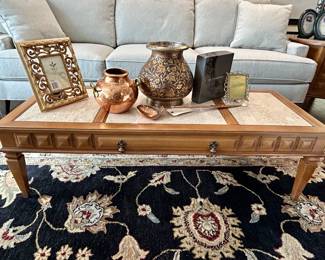 Beatiful Castaneta marble topped coffee table by Stickle. The beautiful wool rug is like new!