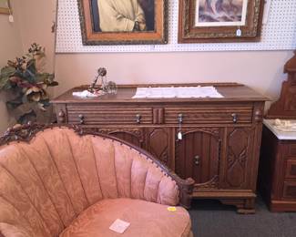 Victorian Barrel Chair; Carved Wood Pink