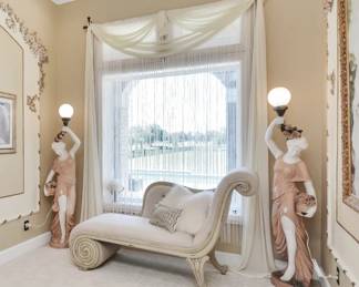 2 marble statues, 5ft, pink+white marble carving, extremely heavy.
Cream couch.