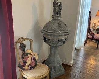 Antique zinc baptismal font, antique chair