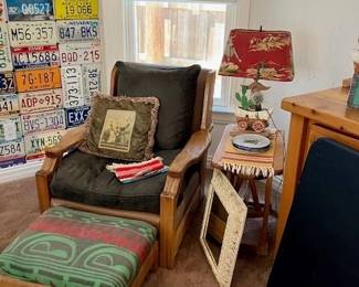 Ranch Oak chair and ottoman, great cowboy vintage lamp