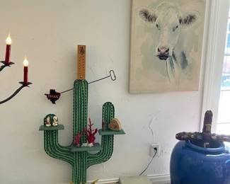 Texas Boot store display, large blue planter, original cow painting