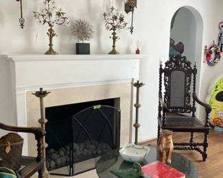 Antique French candelabra pair, tall pair of antique altar candlesticks. Pair of antique tall back, cane back/seat chairs.