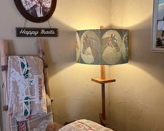 Antique Roy Rogers bedspreads, Happy Trails wallart and Ranch Oak "wagon jack" floor lamp