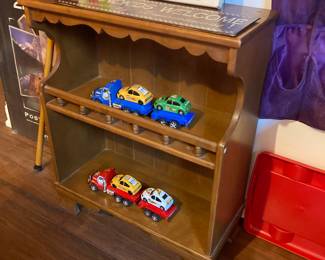 small maple bookcase, car hauler trucks with cars