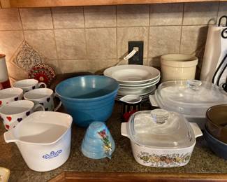 Corning Blue Cornflower etc., Ramona California mixing bowl, vintage beehive measuring cup set