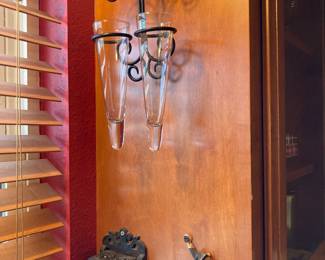 wall vases, cast iron match safe and bottle opener