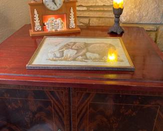 lighted fireplace clock, art nouveau lamp, elephant needlepoint