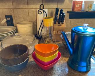 vintage carafe, blue Westbend Flavo-Matic percolator, etc.