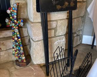vintage folding table, magazine rack, beaded cross