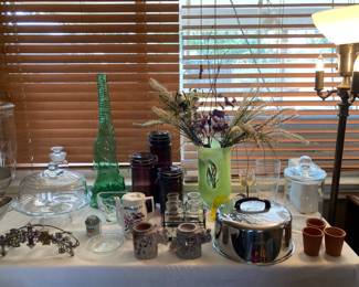 vintage cake domes, amethyst canisters, vase, etc.