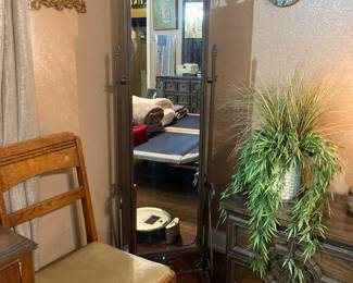 oak chair, swivel floor mirror, nightstand, faux-liage