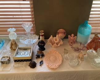 Fenton pink hobnail epergne, Fenton? cameo plate, Hull vase, vintage doll, glass single horn epergne, Madonna cache, etc.