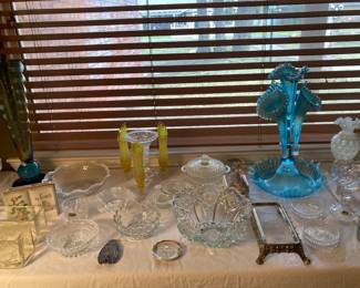 Fenton four-horn blue ribbed epergne, Fenton uranium glass epergne, Fenton hobnail moonstone glass, bowls, etc.