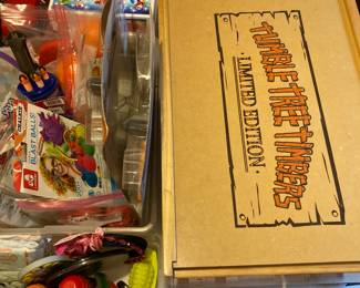 toys, games, cards, puzzles, Tumble Tree Timbers (faux Lincoln Logs) set in rolling box