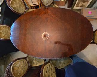 Oval Carved Mahogany Double Pedestal Dining Room Table w/7 chairs and 2 leafs