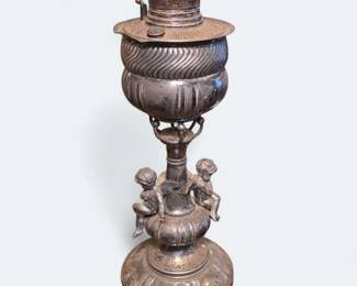 Antique Silver Plated Oil Lamp with Cherubs