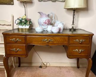 French Louis XV style Writing Desk w Green Embossed Leather top