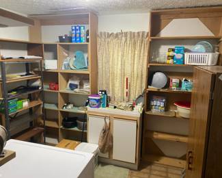 WINDOW CLEANER, BASKETS, LARGE CABINET, LIGHT BULBS, SWIFFER PADS, PANS BOWLS, BENCH AND MORE