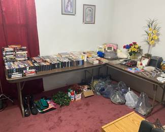 BOOKS, VHS, BOOTS, YARN, ART ITEMS, SEWING ITEMS, FAKE FLOWERS, WALKER, AND MORE