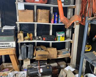 AIR COMPRESSOR, POWER NAILERS SOME UNTESTED, EDRILLS, NAILERS, EXTESION CORD, CERAMIC TILE DECOS, ETC.....